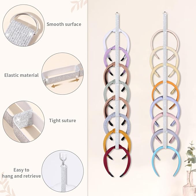 3 PCS Headband Holder Organizer for Girl,Hanging Hairband Storage for Women,Glittering Silver Hair Hoop Display Hair Accessories Organizer Bedroom College Dorm Decor(Glittering Silver)