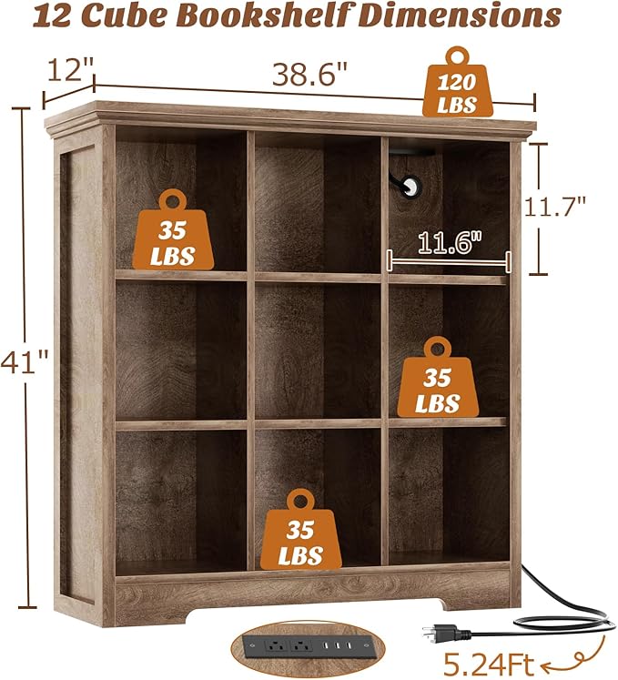Aheaplus Wooden 9-Cube Storage Organizer with Charging Ports, Modern Cube Bookcase with Base, 4-Tier Floor Standing Open Cubbies Bookshelf, Cubicle Display Shelf for Home and Office, Cracked Oak