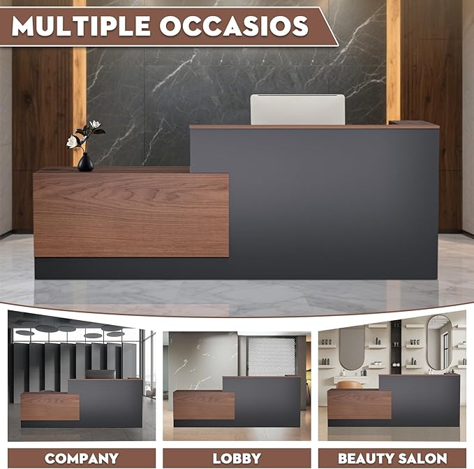Ceridwen L-Shaped Large Wooden Reception Desk, Modern Front Desk Reception Counter with Lockable Drawers, Storage & Keyboard Tray for Office Lobby Checkout (Left-Brown + Black, 87''L x 42''W x 41''H)