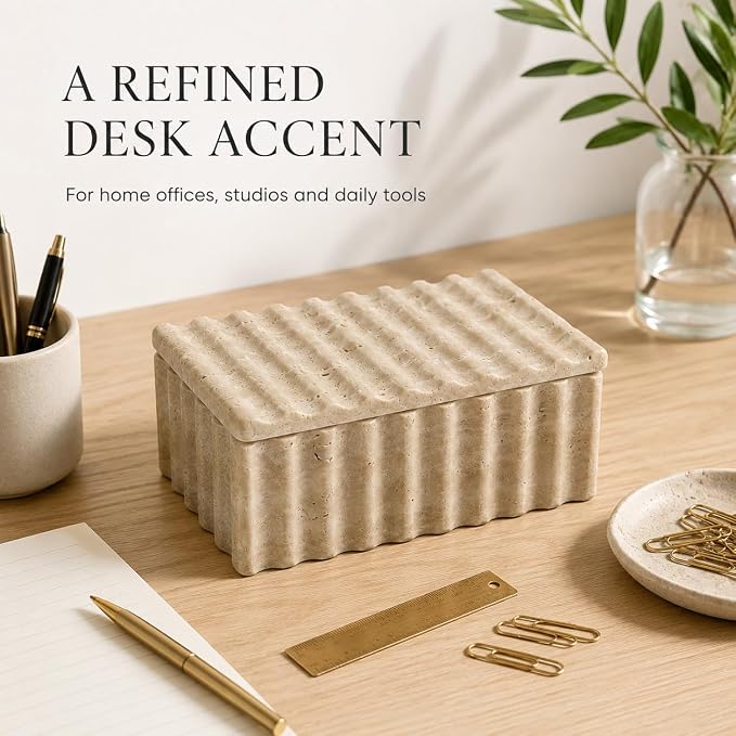 Travertine Storage Box with Lid, Wave Stone Organizer | Lidded design, wave texture, beige travertine pores vary, accessories not included