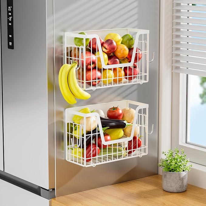 4 Pack Magnetic Shelves For Fridge, White Potato Onion Storage Bin | Magnetic Fruit Basket for Fridge Organizers and Storage, Veggie Onion Potato Wire Storage Basket for Kitchen, Pantry Laundry