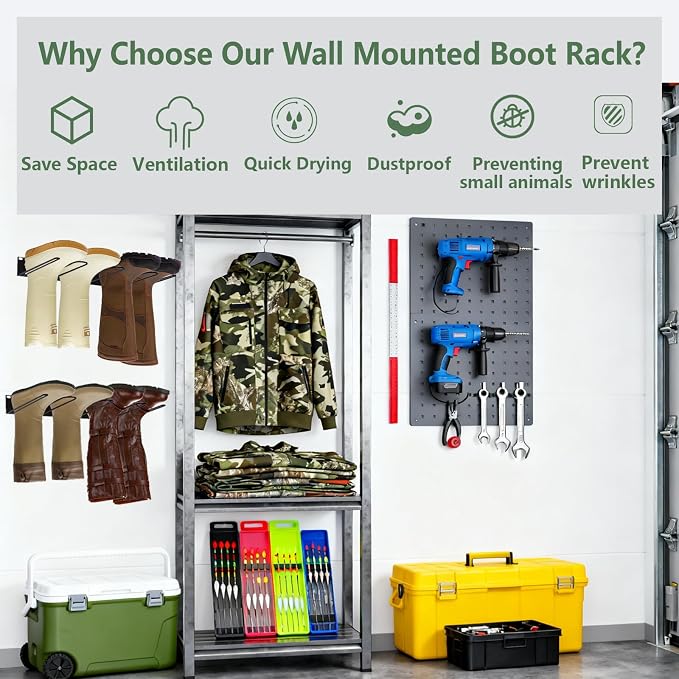 8 Pair Boot Rack for Wall Mounted - Wader Hangers for Drying Fishing Rain Hiking Tall Cowboy Boots - Boot Hanger Holder for Indoor Outdoor Entryway Garage Mudroom Closet