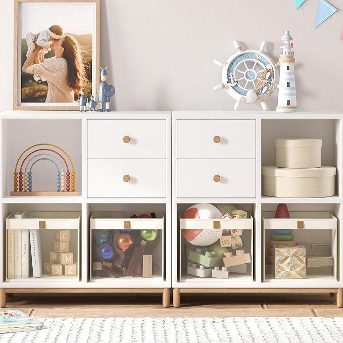 Linen Closet Organizers and Storage, Closet Storage Bins Basket Organizer, Foldable Organization Baskets with Mesh Window for Clothes Towels and Toys, 14.5" x 14.5" x 10.25", Beige, 2 pack