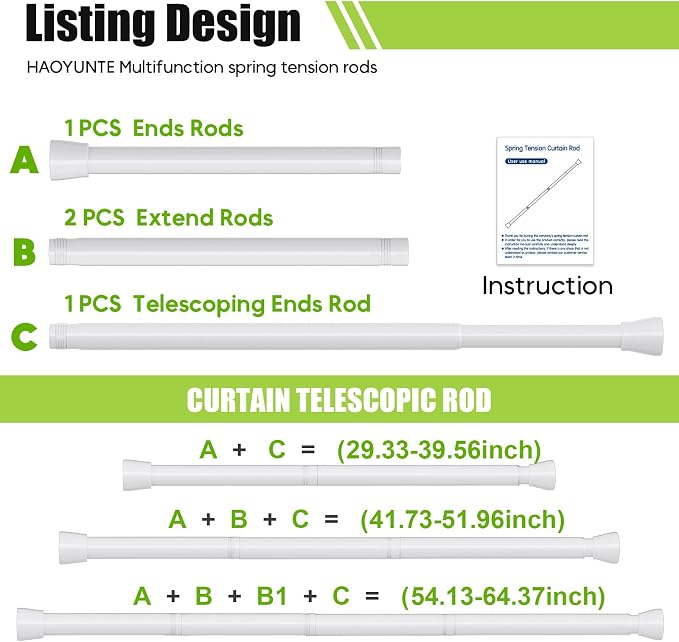 Tension Curtain Rod 2 Pack 30-64 Inch Curtain Rods No Drilling White Tension Spring Rod Adjustable Curtain Rod Expandable Pressure shower Rod for Windows Closet Doorway
