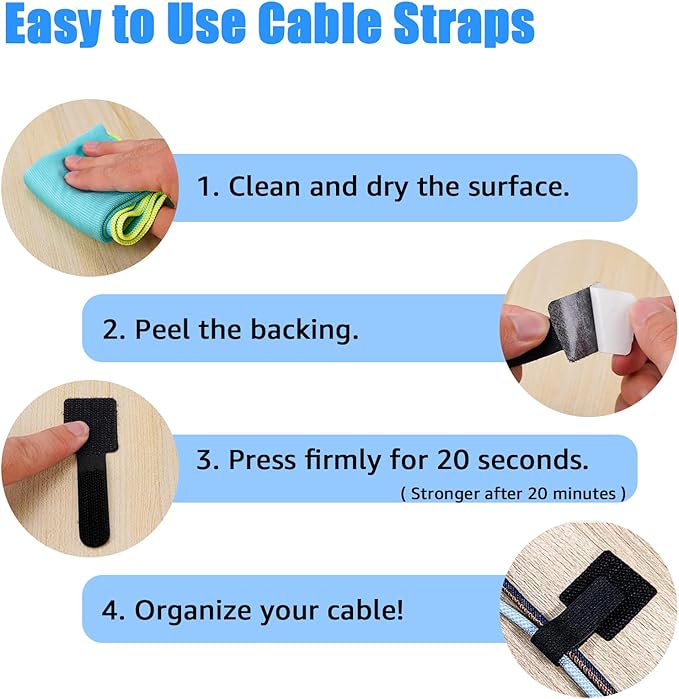 80PCS Hook and Loop Cable Ties, Under Desk Cable Management, Adhesive Cable Straps, Cord Management Hider Idea, Cord Organizer for Desk, Computer Accessories, Home Office Organization, Black+Gray
