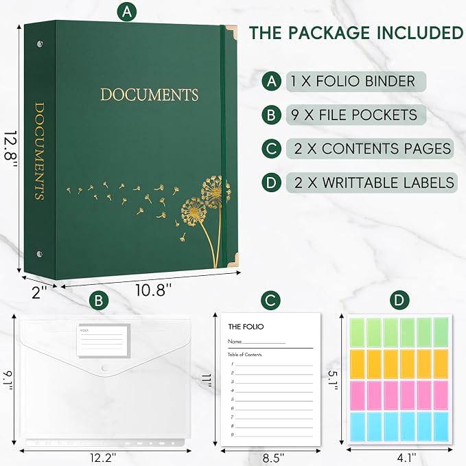 XKDOUS Important Document Organizer Folder Folio 3-Ring Accordion Storage File Folders in Case If I Die Binder Organizer with 9 Pockets, Labels for Papers, Files, Passports