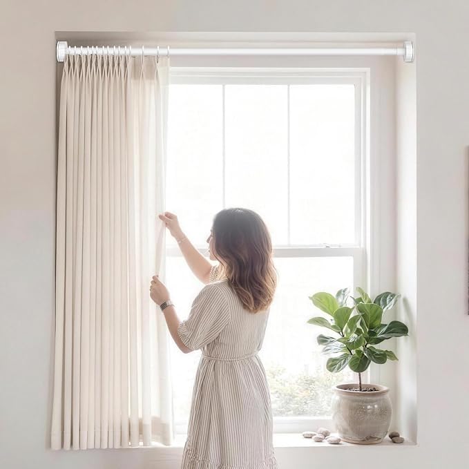 Heavy Duty Tension Shower Curtain Rod 48-74 Inch White | Rustproof Steel, Drill-Free Mount, Adjustable Rods for Bathroom Sliding Door Patio Living Room, Non-Slip No-Tools Install