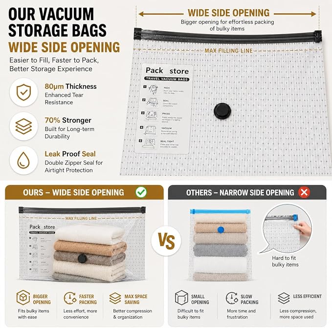 Vacuum Storage Space Saver Bags - 20 Pack Sealed Bags with Pump | Includes a rechargeable 25W pump with 4500Pa+ suction for quick vacuum sealing at home or on trips - airtight & waterproof