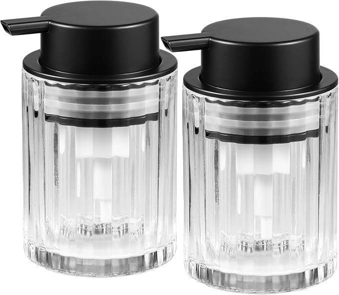 Foaming Hand Soap Dispenser, 8oz Refillable Clear Glass with Black Pump, for Liquid Soap or Lotion, Vertical Ribbed Decor for Bathroom Vanity, Kitchen, Commercial Use - 2 Pack
