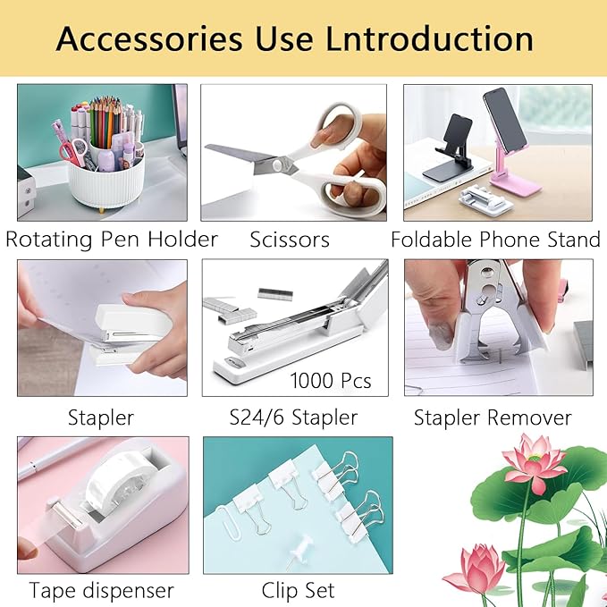 Office Supplies,Desk Accessories,with Stapler, Tape Dispenser,Desk Organizer,Folding Phone Holder,Pen,Journal Notebook,Scissor,Staple Remover,Staples,Clear Tape,Sticky Notes,Paper Clips,Bookmark,Ect