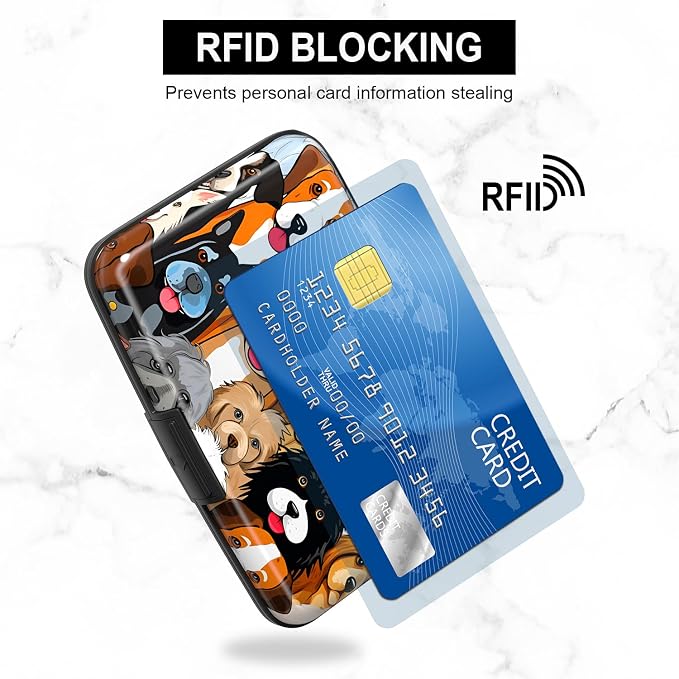Credit Card Holder, Mini Aluminum Card Wallet RFID Blocking Slim Metal Hard Card Case for Women Men, Dogs