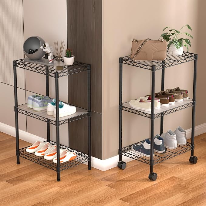 Golpart Small Shelves Storage Wire Metal Adjustable Shelf Unit with Wheels | 3 tier Shelving Organizers Storage Shelving for Bathroom Laundry Room Kitchen Pantry 11.7”D x 17.7”W x 30.7”H Black