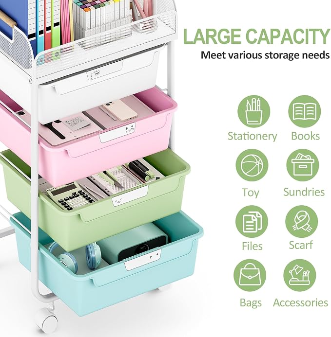 SYKIARIOL Rolling Cart with 4 Drawers,4 Tiers Rolling Utility Cart Craft Cart,Rolling Storage Drawer Cart with Mesh Top,Storage Cart with Drawers & 4 PCS DIY Lable, Classic Colorful