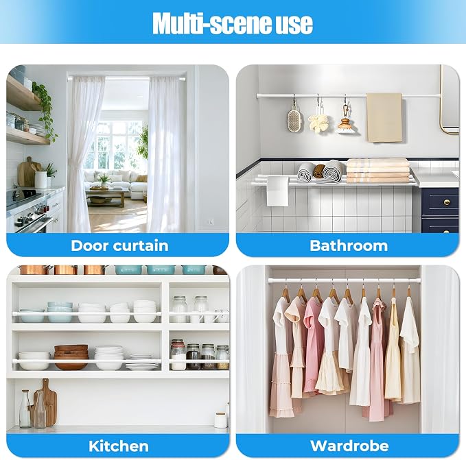Spring Tension Curtain Rods 33-59 Inch White 2 Pack | No-drill & tool-free setup. Fits windows, kitchens, doorways. Rust-resistant, great for light curtains.