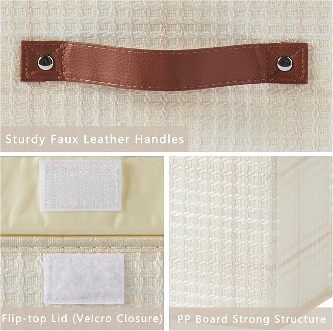 Storage Boxes with Lid 3D Textured Fabric Storage Bins Organizer Containers Decorative Collapsible Washable Shelf Baskets Faux Leather Handles for Home Bedroom Closet (Beige, Small Size)