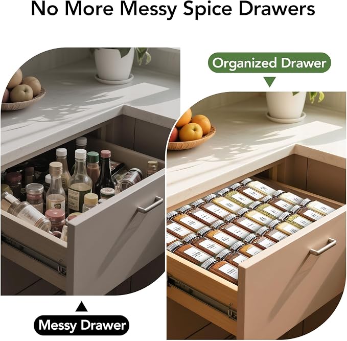 Adjustable 3-Tier Drawer Spice Organizer – Thick Plastic, Non-Slip, Fits 11"-22" Kitchen Drawers, Includes Labels & Funnel (No Jars)