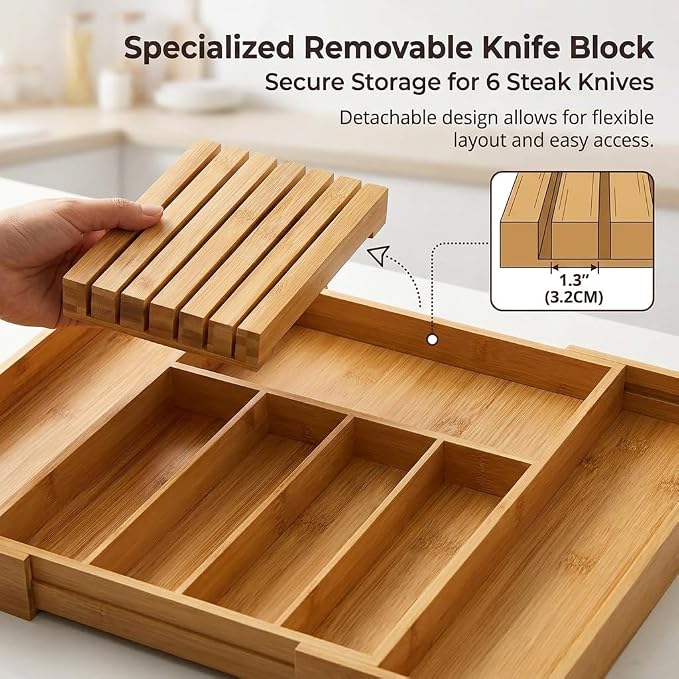 FUSHITON Expandable Bamboo Utensil Organizer with Built-In Knife Block, 7 Compartments, Adjustable Drawer Divider for Kitchen