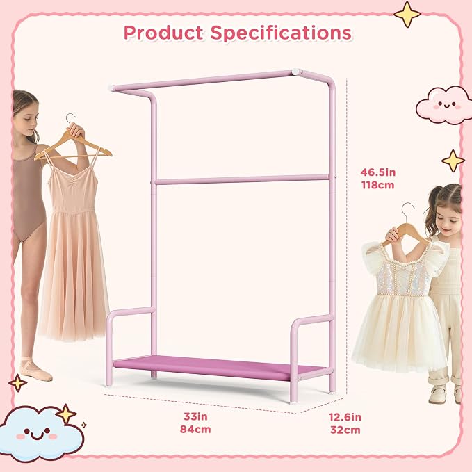 LOVEGRASS Kids Clothing Rack Double Rods for Bedroom Playroom Pink | Double Rod Design, Powder Coated Steel, Bottom Storage Shelf, for Baby Toddler Clothes, Dress Up, Nursery, Bedroom, Playroom