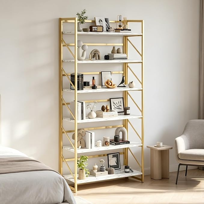 JSB 6 Tier No Assembly Folding Bookshelf, 30.7" Wide Foldable Storage Bookcase for Home Office, Space-Saving Storage Shelf for Living Room (White&Gold)