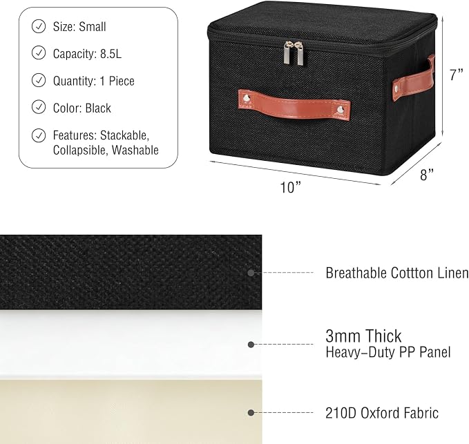 Storage Bin Box with Zippered Lid Cotton Linen Fabric Decorative Basket with PU Leather Handles PP Plastic Board Foldable Lidded Clothing Shelf Closet Organizer Container (Black, Small)