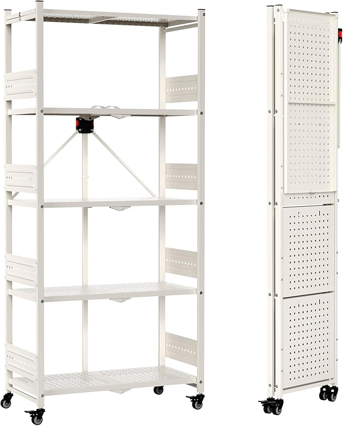 WORKPRO 5-Tier Folding Shelf, No-Assembly Metal Storage Rack with Wheels, 750 lbs Capacity (with Leveling Feet), Collapsible Shelving Unit for Kitchen, Pantry, Closet & Craft Shows - White