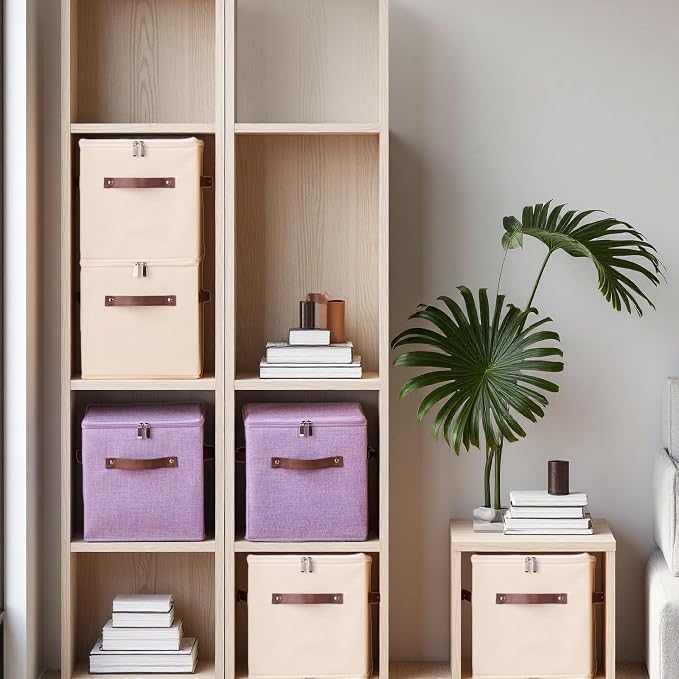 2PCS Storage Cubes with Lid Fabric Storage Bins Boxes PU Leather Handles Cotton Linen Closet Organizer Container Decorative Foldable Washable Shelf Cloth Basket (Zipper Lid, Purple, 11in)