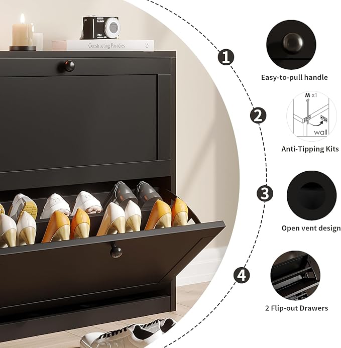 VOWNER Shoe Cabinet with 2 Flip Drawers, Freestanding Shoe Storage Cabinet with Adjustable Shelf & Anti-Tipping Device, Shoe Rack for Entryway, Hallway, Living Room (Black)