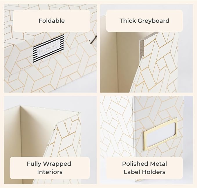 BLU MONACO | Cardboard Magazine File Holder Set of 4 | Vertical Magazine File Holder for Desk and Shelves | Cream Gold Foldable Magazine Holders with Label Slots