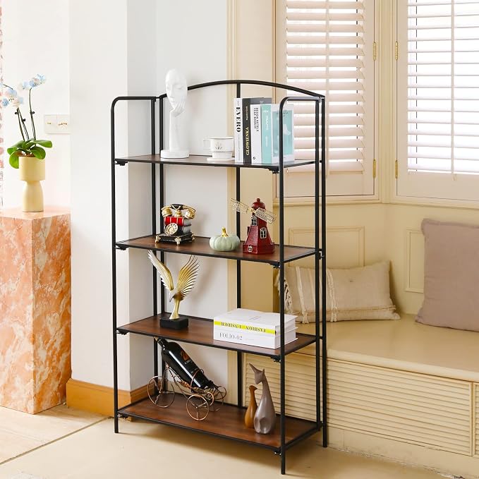 Crofy 4-Tier Wider Foldable Bookshelf, Black Frame & Walnut Shelves | No-Assembly Collapsible Portable Storage Organizer; Sturdy Walnut Finish Shelves; Ideal for Living Room & Home Office
