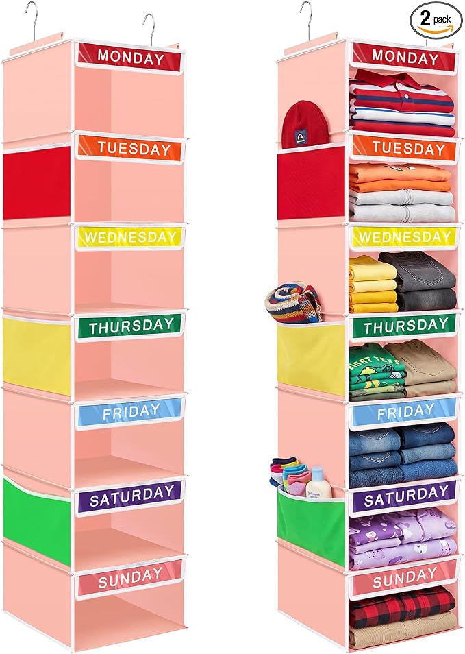 Amylove 2 Pcs 7 Shelf Weekly Clothes Organizer for Kids Hanging Closet Organizer 11. 8 x 11. 8 x 50 Inch Daily Activity Kids Clothes Storage Drawers Cube Drawers Closet Hanging Shelves(Orange Pink)