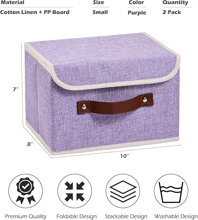 2PCS Storage Boxes with Lid Cotton Linen Fabric Storage Bins Organizer Container Decorative Collapsible Washable Shelf Closet Baskets Faux Leather Handles Home Bedroom (Purple, Small)