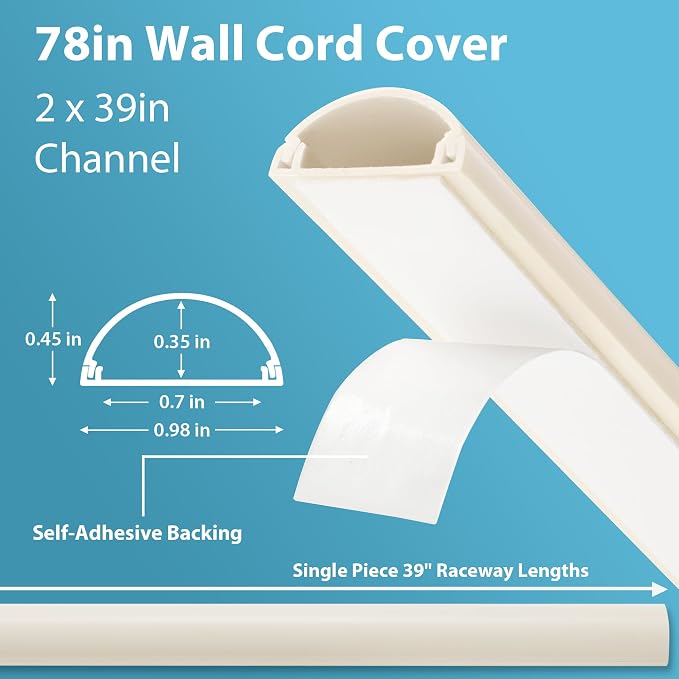 ZhiYo 6.6ft Cord Covers for 1-2 Wires on Wall, 1" W x 0.4" H, Beige | Curved Design, Low-Profile Cord Hider, Self-Adhesive Cable Management Raceway for Wall-Mounted TV Wires, 2 Pack (3.3ft Each)