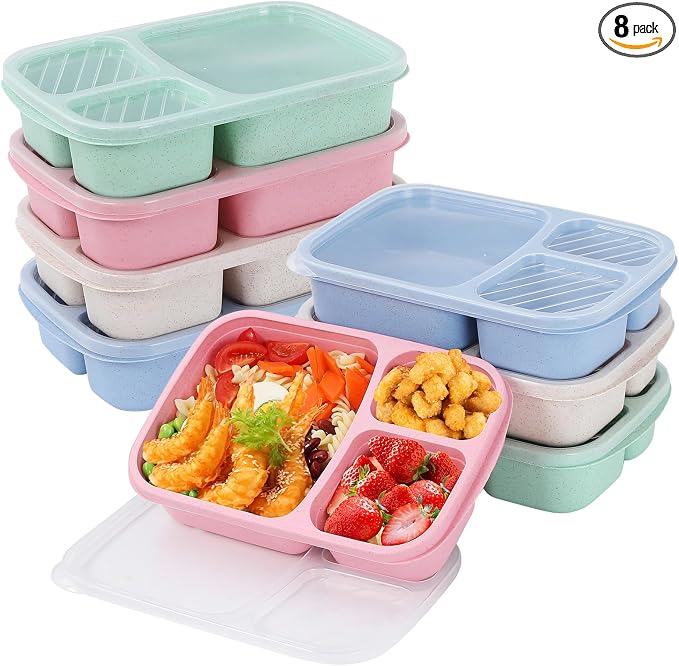 buluker 8 Pack Bento Lunch Box Set 3 Compartment Wheat Straw Meal Prep Food Storage Containers Plastic, Microwave and Dishwasher Safe(light colour)