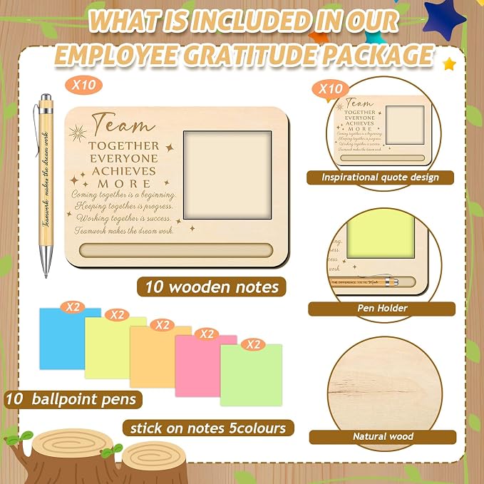 Kosiz 10 Set Back to School Teacher Team Gifts Bulk Team Together Wooden Sticky Note Holder with Notes and Ballpoint Pens Appreciation Thank You Gift for Teacher Back to School Party Supplies