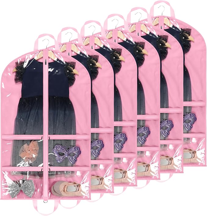 KEEGH 40 inch Clear Garment Bags for Dance Costumes, 6 Pack, Pink | 4 Zipper Pockets, for Dance Competitions, Ballet, Theatre, Dance Garment Bags for Dancers, Hanging Clothes for Closet Storage