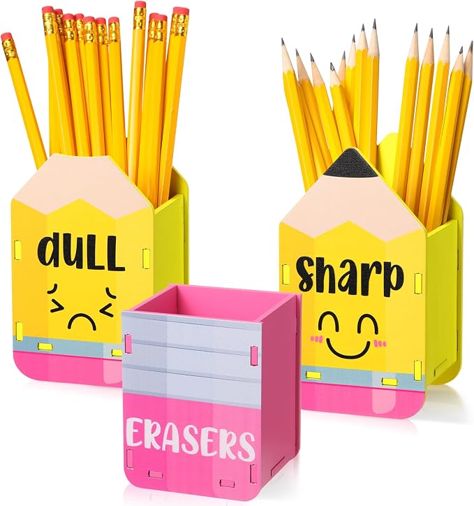 DoubleFill 3 Pcs Sharp and Dull Pencil Holder Eraser Buckets Wooden Shaped Dispenser for Back to School Teachers Classroom Management(Yellow Face)