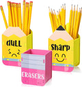 DoubleFill 3 Pcs Sharp and Dull Pencil Holder Eraser Buckets Wooden Shaped Dispenser for Back to School Teachers Classroom Management(Yellow Face)
