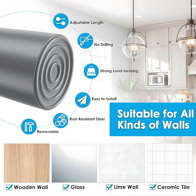 MEXAU 1Pcs Spring Tension Curtain Rod 26-39 inch Spring Tension Rods Silver Tension Rods Adjustable Spring Rod Extendable Tension Rod For Kitchen, Window, Bookshelf,Closet.