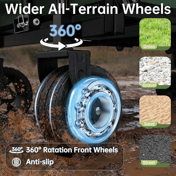 Extra Long Collapsible Wagon Cart, 480LBS Heavy Duty Utility Wagons with All-Terrain Wheels, Foldable Grocery Carts for Gardening, Shopping, Beach, Camping, Army Green
