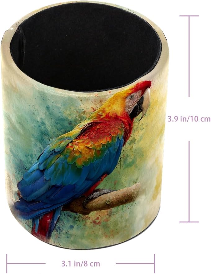 Retro Parrot Pattern Pen Holder Pencil Organizer for Desk, 3.1” x 3.1” x 3.9” Pencil Cup Office Supplies, Large Capacity Cute Pen and Makeup Brush Holder for Home, School, Desktop