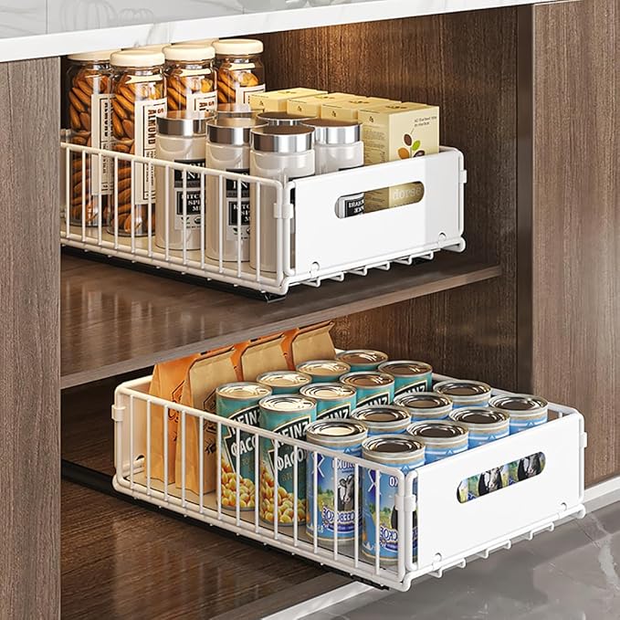 YunNasi Pull Out Cabinet Organizer Slide Out Drawer Storage Shelves Cupboard Organiser Sliding Cabinet Basket for Kitchen No Drilling and Nailing (White, 2Piece 9.8" W X 15" D X 3.9" H)