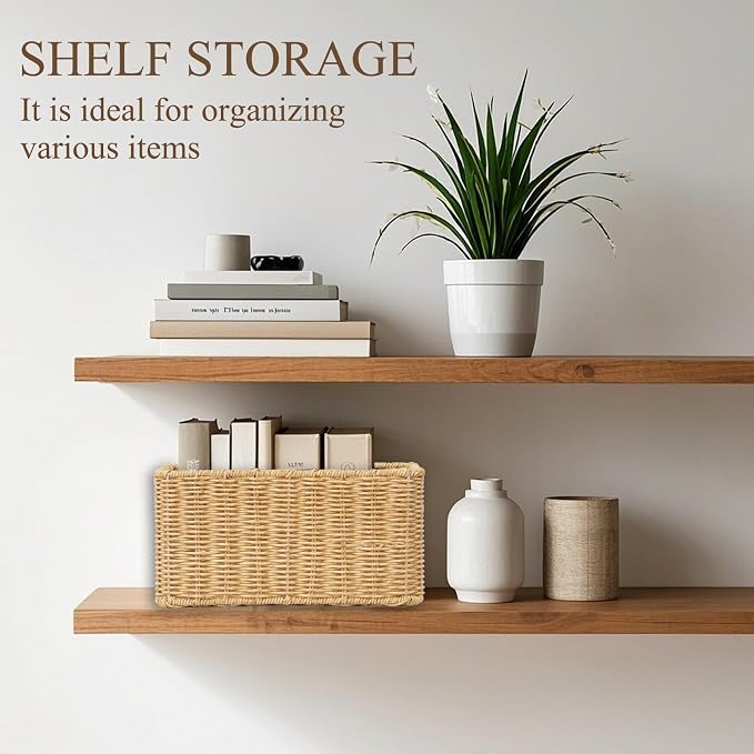 YRMT Rattan Storage Basket Pantry Baskets with Built-in Handles Wicker Baskets for Organizing Waterproof Woven Nature 12" x 8" x6"