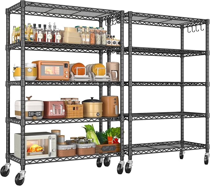 5 Tier Storage Shelves 74"H Wire Shelving Adjustable Metal Shelving,1250LBS Pantry Shelves Sturdy Steel Wire Shelf for Kitchen Commercial Pantry Garage Warehouse ,74"H X36"W X14"D, Black 2PACK