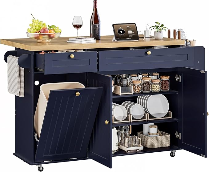 ONBRILL 60" Kitchen Island with Power Outlet & Drop Leaf, Rolling Island with Spice Rack & Towel Rack, Kitchen Island Cart with Trash Storage Cabinet, Island Table for Kitchen, Blue