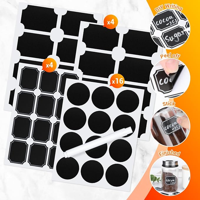 Segarty Spice Jars Labels, 272 Pcs Assorted Square Round Black Chalkboard Label Sticker with 1 Chalk Marker, Removable Blank Stickers to Write-on for Food Containers, Mason, Bottles, Storage Bin