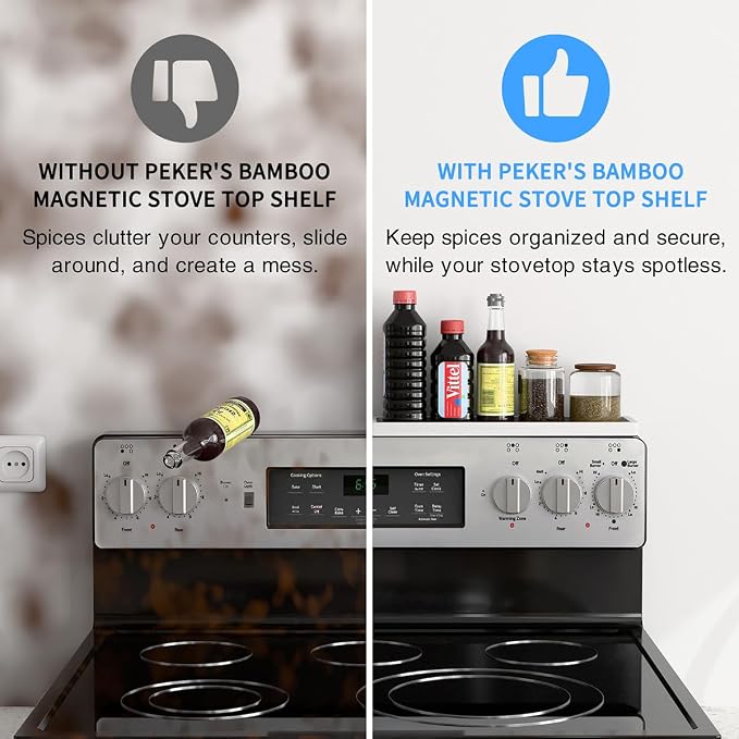 PEKER Magnetic Stove Top Shelf for 30" Stoves, Over Oven Shelf Above with Bamboo Spice Rack Organizer, Heat-Resistant, Space-Saving Solution for Kitchen Storage