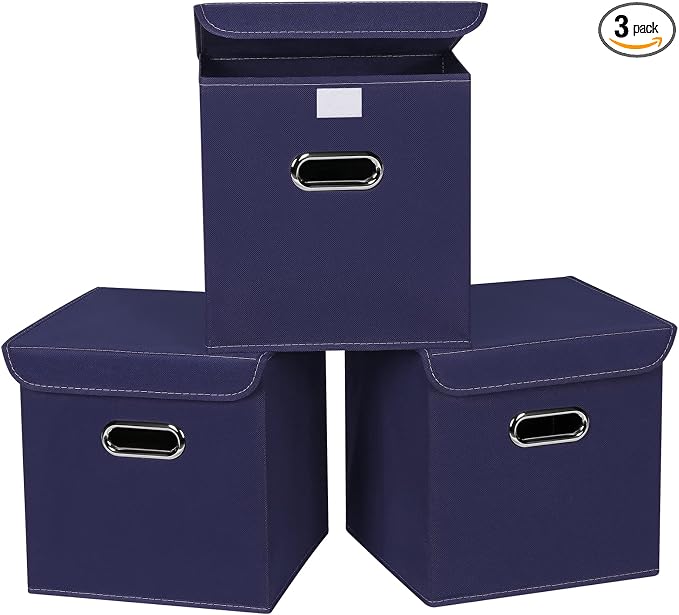 Closet Organizers Fabric Storage Bins With Lids Collapsible Cube Storages Organizer Basket With Handles,Storage Boxes for Clothes Storage,Office,Toys,3 Pack,（Navy Blue