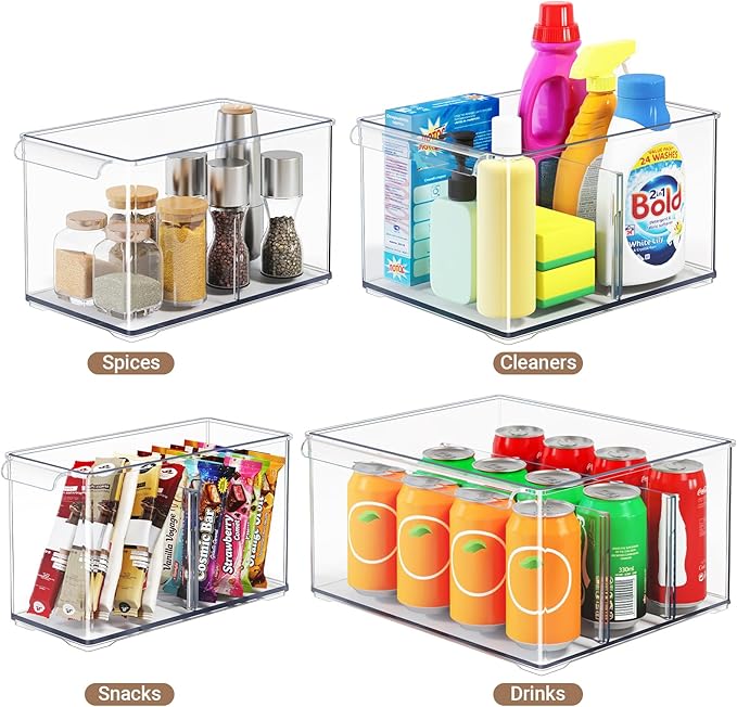 Clear Plastic Storage Bins with Dividers for Fridge Pantry Organizers and Storage Containers, 3 Pack Large Acrylic Stackable Sturdy Storage Boxes for Home Edit and Cabinet Organizers C6-2