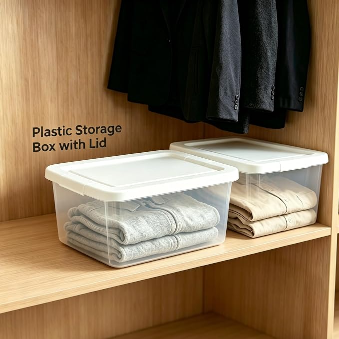 Storage Bins with Lids, 10 Pack 6 Qt Clear Plastic Stackable Shoe Boxes, Lid Organizer for Garage, Craft Supplies and Closet Storage, White