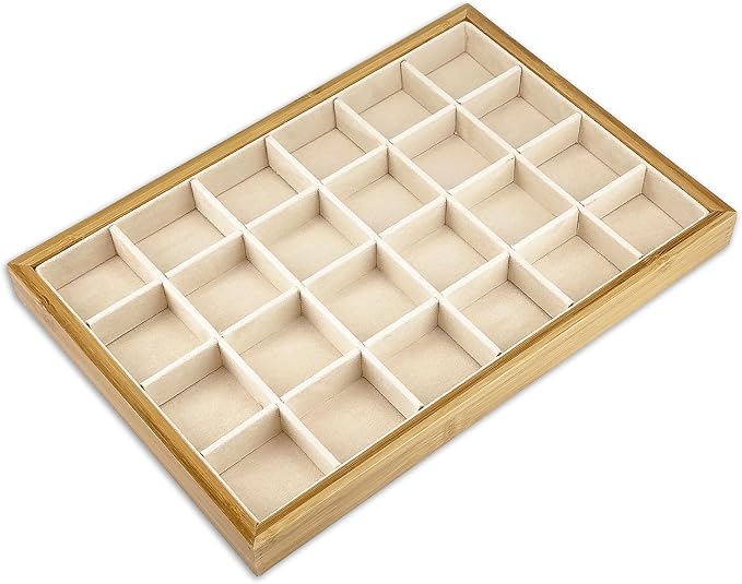 The Display Guys - Stackable Jewelry Tray and Organizer - for Drawers, Dressers, Store Display (24 Compartments, Bamboo Suede)